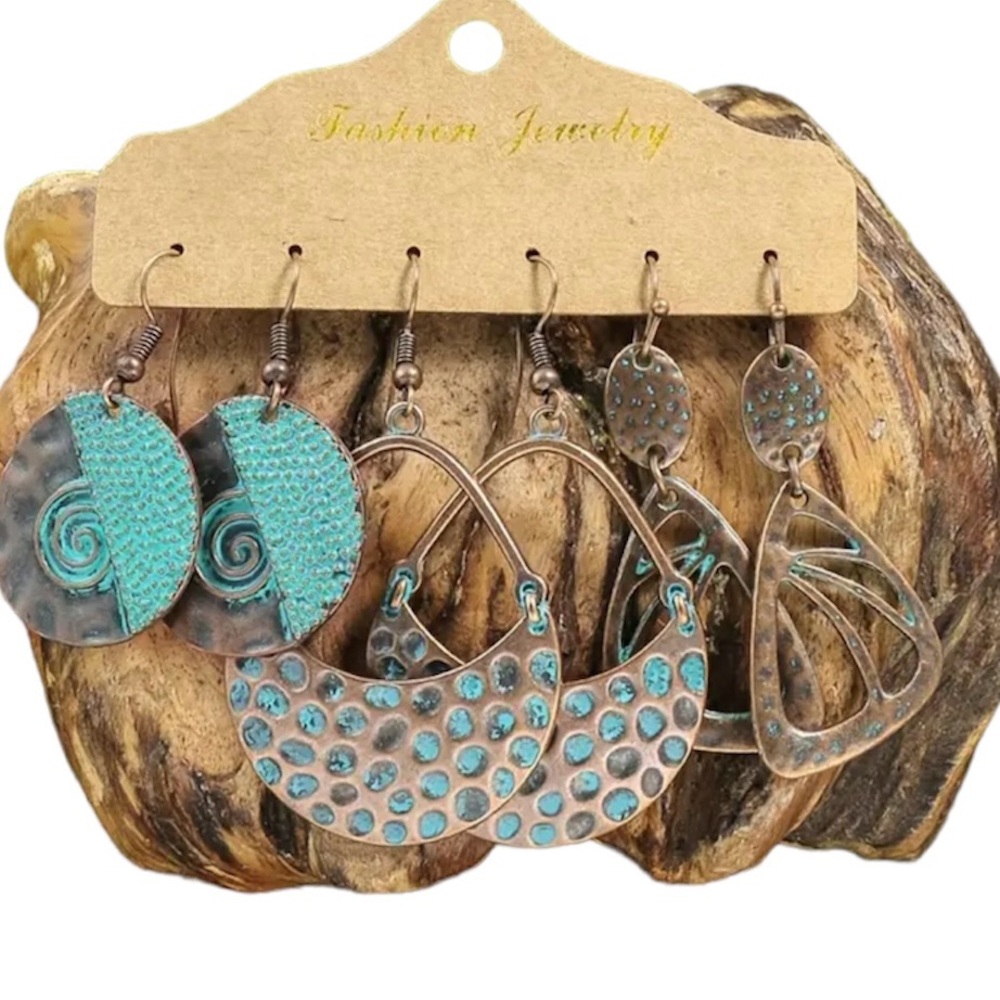 New, 3 Pairs Dangling Earrings, Boho Boutique, Bronze And Blue Egyptian Style